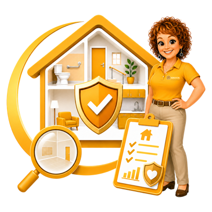 An Aging In The Comfort Of Home® safety evaluator beside a cutaway home showing grab bars, handrails, and accessibility features, a home-safety checklist, and a shield with a checkmark, representing the free C-Easy&trade; Safe Home Evaluation