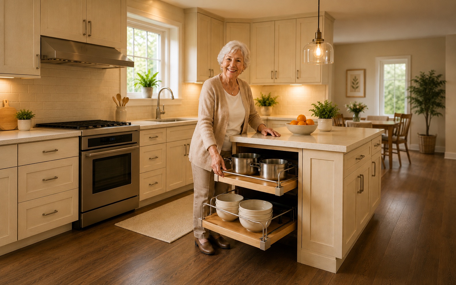 Smiling senior woman opening a full-extension pull-out cabinet drawer in a bright, accessible kitchen by Aging In The Comfort Of Home®